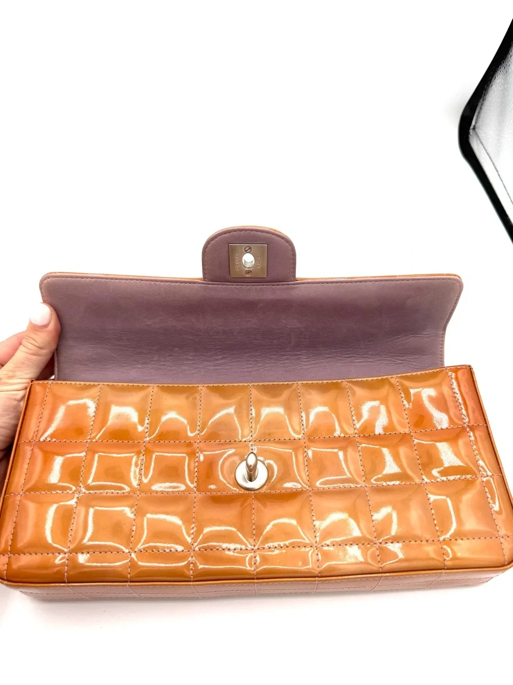CHANEL Quilted Orange Patent Leather Chocolate Bar CC Flap Bag